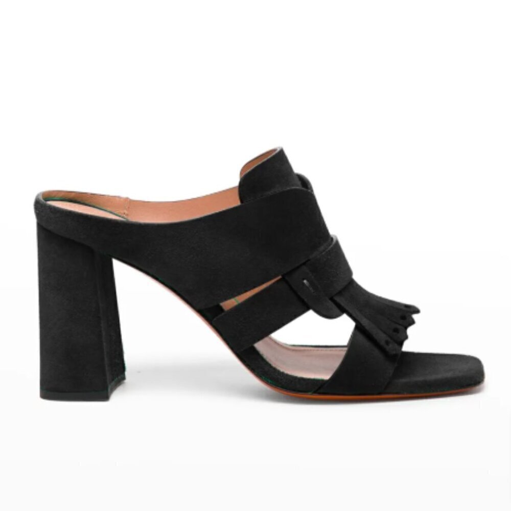 $650 Santoni Fizzes Suede Kiltie Mule Sandals Black Suede size 38, 7.5 - 8 US